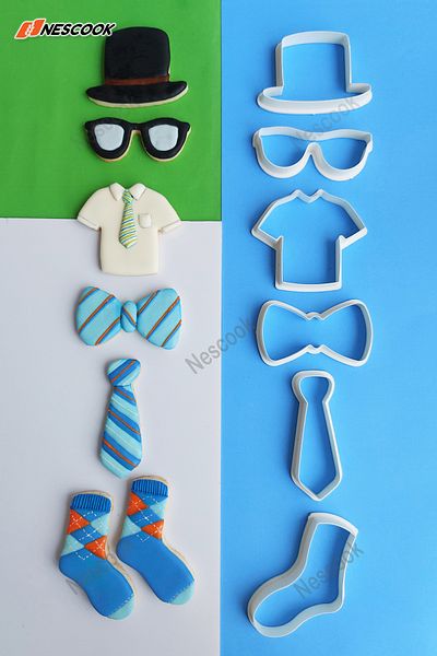 nescook 6 Pcs Dad Hat Bow Tie Necktie Shirt Glasses Socks Cookie Mold Cutter Father's Day