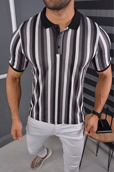 MCZ GİYİM Γκρι - Μαύρο Χρώμα Polo Neck Slim Fit Ανδρικό T-Shirt