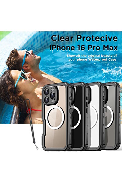 m.tk moveteck İphone 16 Pro Max Kılıf Su Geçirmez 360 Tam Kaplayan Şeffaf Magsafe Wireless Şarj Destekli El Askılı