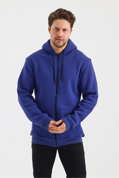 CLIPMAN Saks Blue Men's Fleece Cardigan - 3 Thread, Zip-Up, Slim Fit Knit