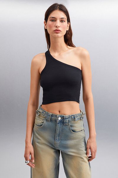 GRIMELANGE DIVINA Black Asymmetric Collar Women's Blouse