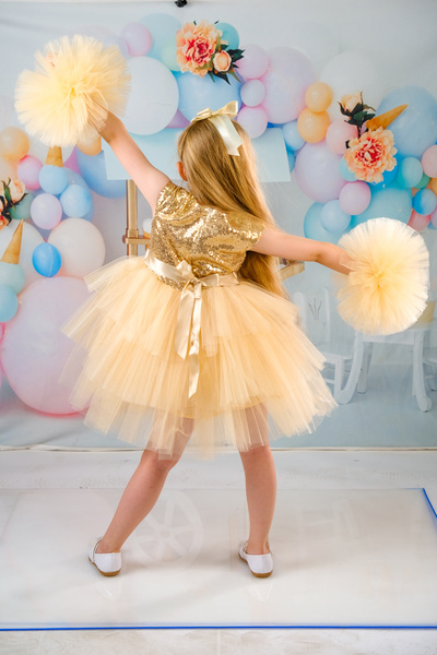 Mixie Kız Çocuk Altın Tokalı Ponpon Kollu Abiye Parti Doğumgünü Elbisesi