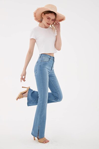 Fashion Friends Paçası Yırtmaçlı Denim Pantolon Mavi / Blue