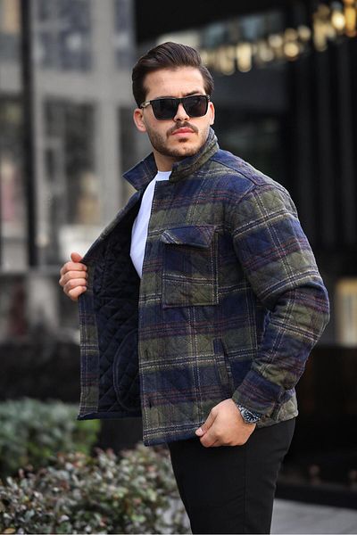 Miron Χακί Navy Blue καρό καπιτονέ Λεπτομερές μπουφάν κανονικής εφαρμογής-2454