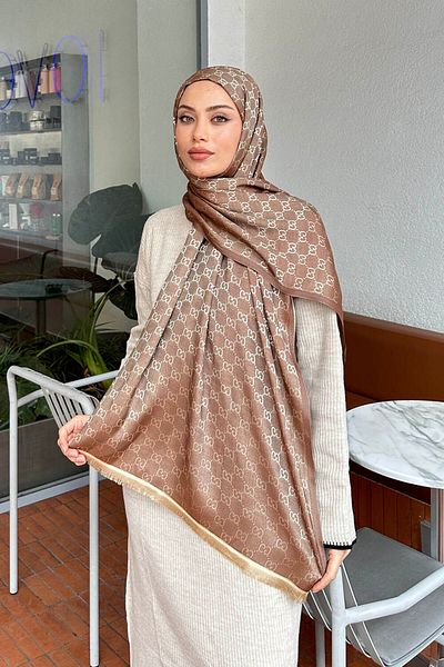 lamelif Beige Soft Brown g Pattern Cashmere Double Sided Shawl