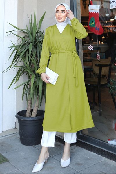 Bestenur Oil Green Tunnel Belted Kimono 720