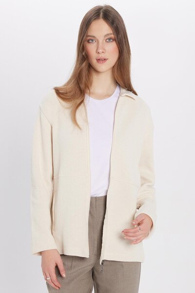 Tudors Unisex Relax Fit Rahat Kesim Örme Fermuarlı Çift Cepli Ekru Kışlık Gömlek