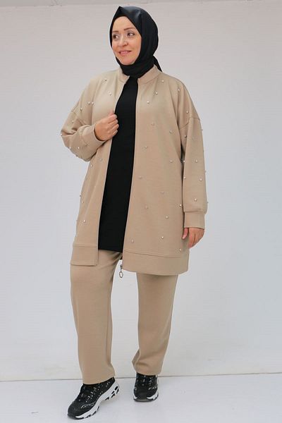 Eslina 47070 Σετ παντελόνι Osyho Plus Size Mink - Λεπτομέρεια από πέτρα