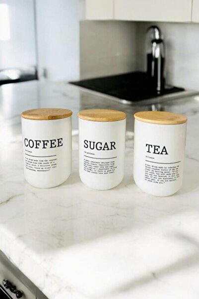 İLİVA 3-Piece Bamboo Lid Tea and Coffee Storage Set - White Glass Tea Sugar C...