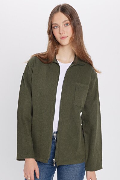 Tudors Men's Relax Fit Relax Cut Zippered Pocket Winter Khaki Stand Collar Jacket Shirt