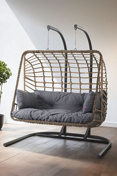 Canisa Lilyum Serisi Çift Kişilik Kahverengi Rattan Örgü Antrasit Minder Salıncak