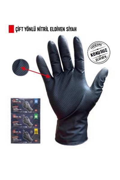 Aslan civata Bay-Hand Nitrile Black Gloves - Reversible, 50S Extra Thick Texture (L)