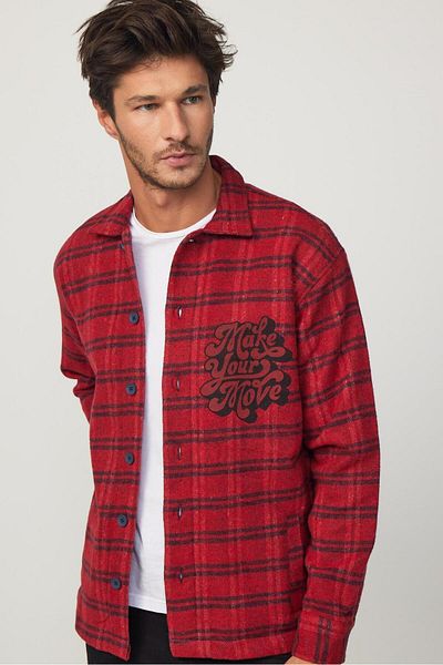 Tudors Свободна зимна мъжка риза Relax Fit с дълъг ръкав и щампа Fleto Pocket Red-black