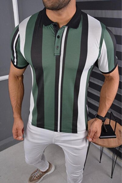 MCZ GİYİM Πράσινο - Λευκό Χρώμα Polo Neck Slim Fit Ανδρικό T-Shirt