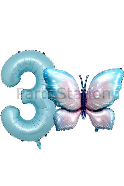 Parti Station Pembe Mavi Kelebek ve Mavi Rakam Balon 3 Yaş Balon Set Kelebek ...