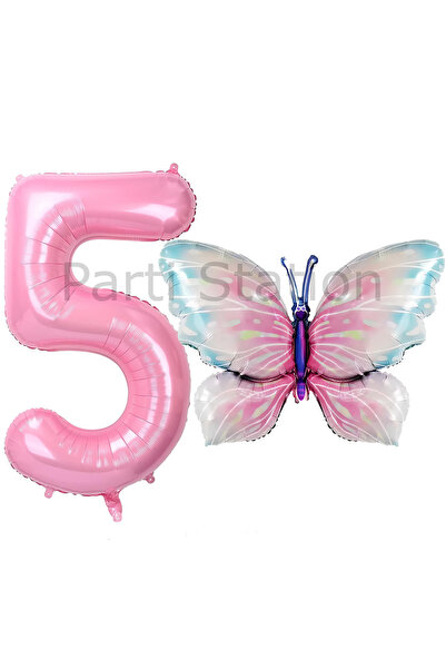 Parti Station Pink Butterfly and Pink Number Balloon 5 Years Old Balloon Set Butterfly Concept Birthday Foil Balloon Set