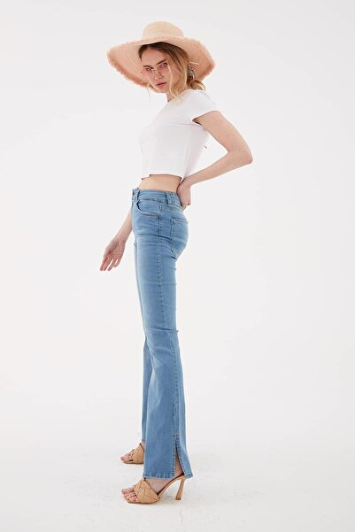 Fashion Friends Paçası Yırtmaçlı Denim Pantolon Mavi / Blue