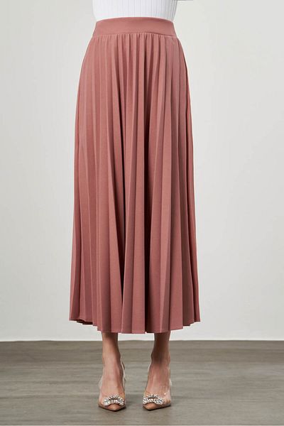 Mizalle Crepe Knitted Pleated Dusty Rose Skirt