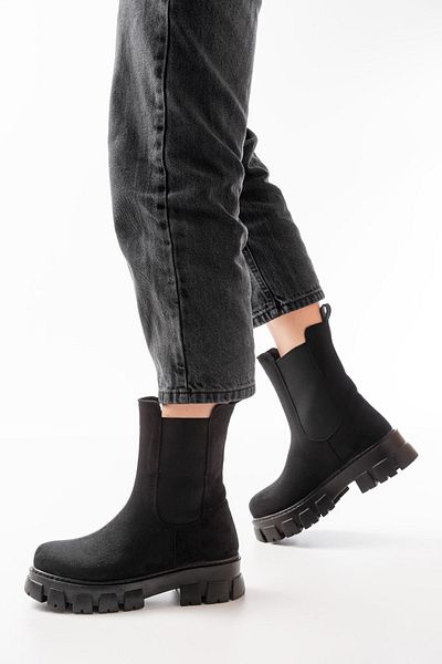 İNFON İNFON FZ-299 Cizme de damă casual din piele intoarsa neagra cu talpa inalta elastica