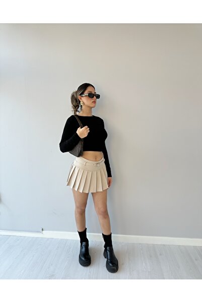 Canteks Kadın Krem Pileli Kemerli Şort Etek