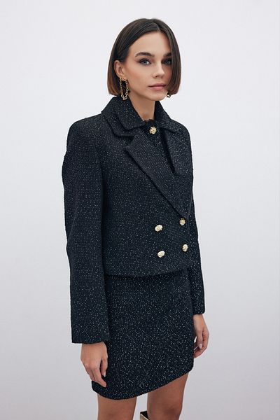 Sateen Glitter Short Tweed Jacket - Black