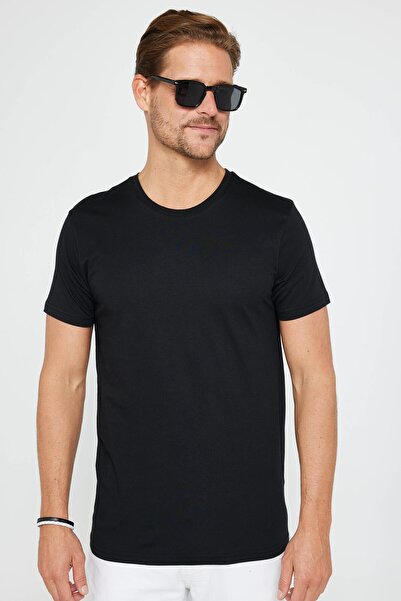 Tudors Unisex Slim Fit Dar Kesim %100 Pamuk Yumuşak Dokulu Siyah Bisiklet Yaka Tişört