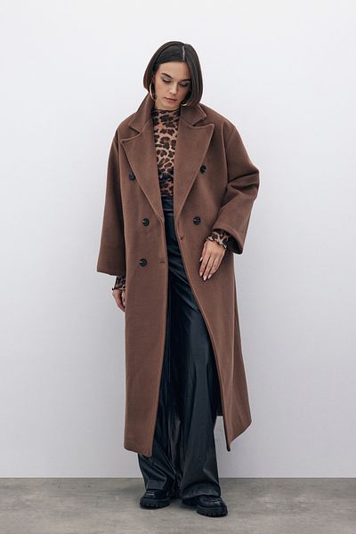 Sateen Double Breasted Long Coat - Brown