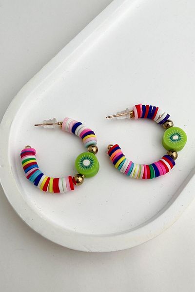 Modex Kiwi Detailed Colorful Hoop Fimo Earrings (3cm)