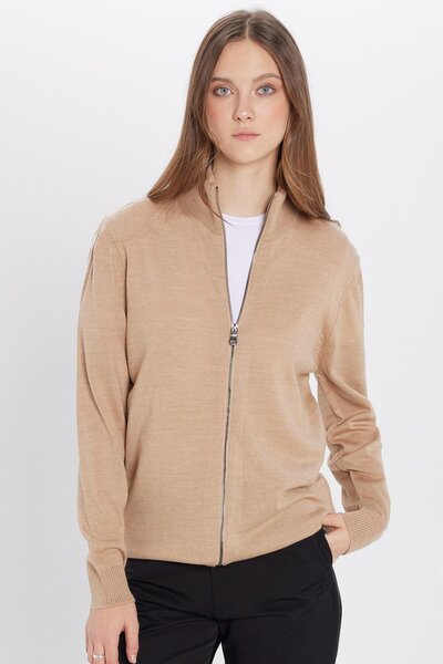 Tudors Unisex Slim Fit Dar Kesim Bej Dik Yaka Fermuarlı Düz Hırka