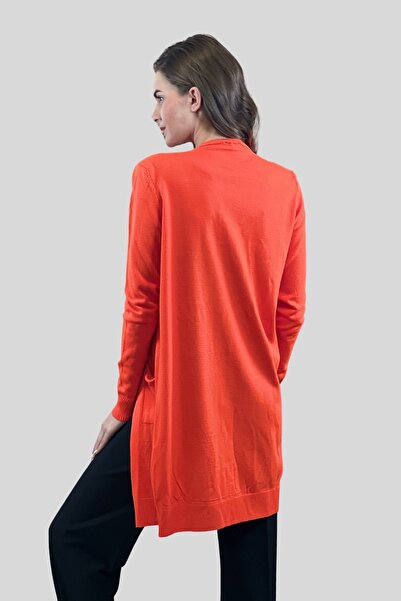 Miss Poem Women's Hijab Double Pocket Long Basic Orange Knitwear Cardigan