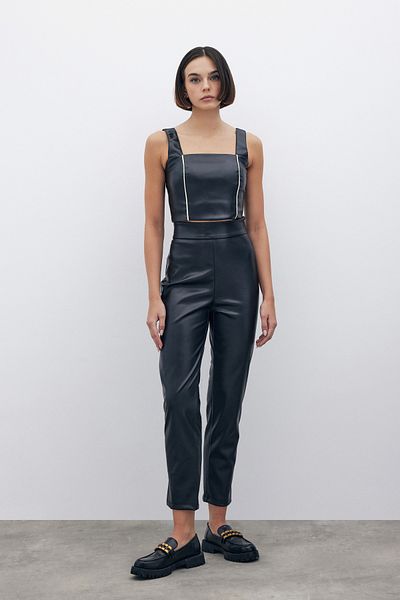 Sateen High Waist Leather Pants - Black