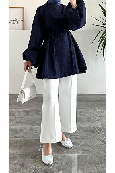 Nur Okur Sage Wide Leg Puff White Scuba Trousers