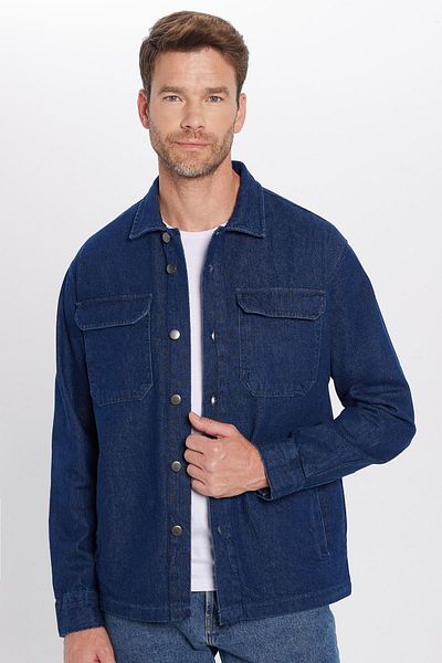 Tudors Unisex Relax Fit Χαλαρή εφαρμογή Τζιν Τζιν με διπλές τσέπες Ναυτικό μπλουζάκι σε στυλ μπουφάν