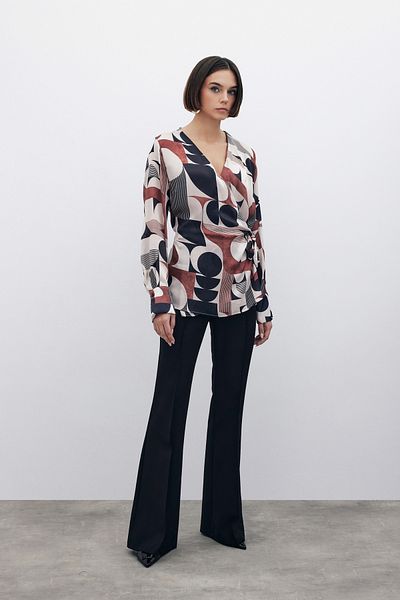 Sateen Double Breasted Side Tie Blouse - Brown