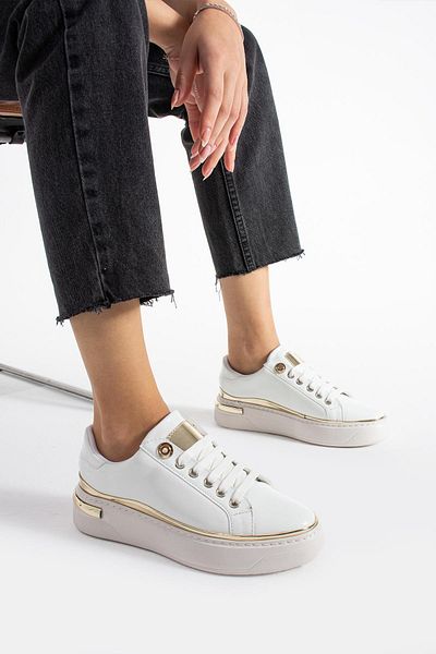 PARİS Women's White Patent Leather Thin Stripe Detailed Sneakers