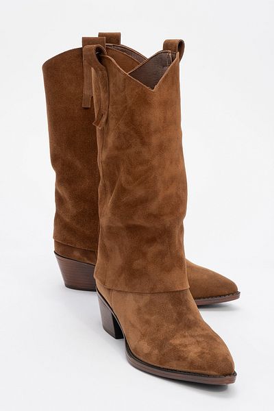 LuviShoes Κοντές μπότες SOJO Tan Suede από γνήσιο δέρμα με χοντρό τακούνι