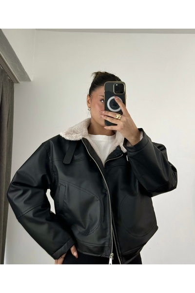 nona butik Kožený kabát Angel Fur - černý