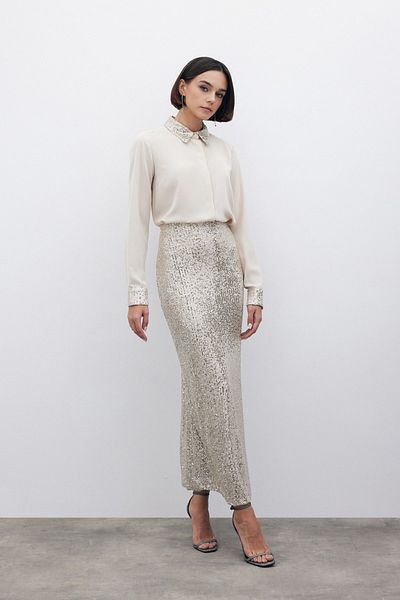 Sateen Fusta Midi Culoare BEJ - Paiete Paiete
