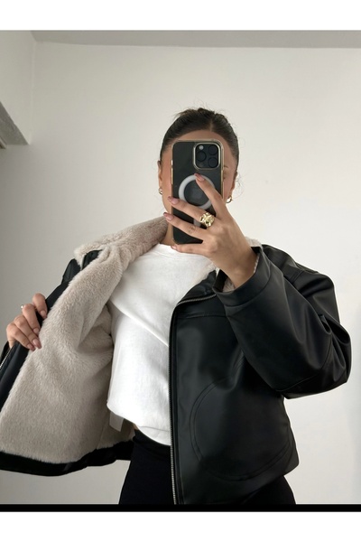 nona butik Kožený kabát Angel Fur - černý