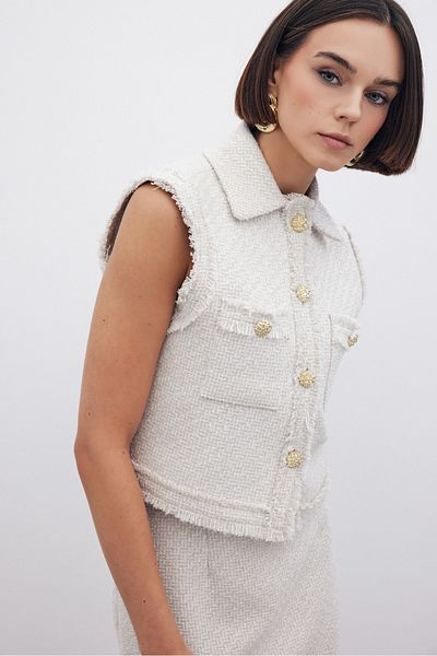 Sateen Glitter Tweed Vest - Stone