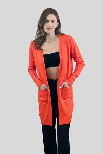 Miss Poem Women's Hijab Double Pocket Long Basic Orange Knitwear Cardigan