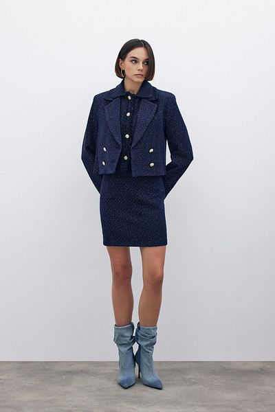 Sateen Fusta mini din tweed cu sclipici bleumarin