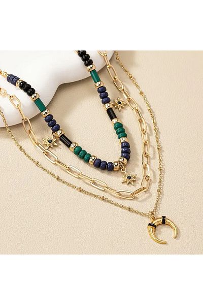 Store Vintage Boho Beads Horn Star Three Layer Gold Color Necklace