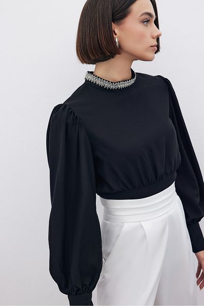 Sateen Bluză Neagră - Accesoriu Guler