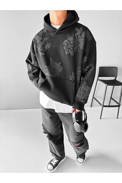 ablukaonline Men's Black Hoodie - Oversize Embossed Pattern