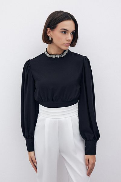 Sateen Bluză Neagră - Accesoriu Guler