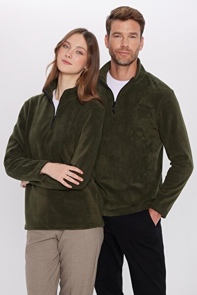 Tudors Erkek Standart Fit Rahat Kesim Tüylenme Yapmayan Soğuk Geçirmez Koyu Haki Dik Yaka Polar Sweatshirt