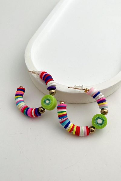 Modex Kiwi Detailed Colorful Hoop Fimo Earrings (3cm)