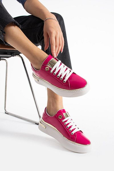 PARİS Women's Fuchsia Patent Leather Thin Stripe Detailed Sneakers