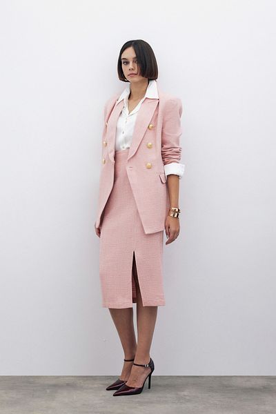 Sateen Fusta midi din tweed cu sclipici colorate PUDRA